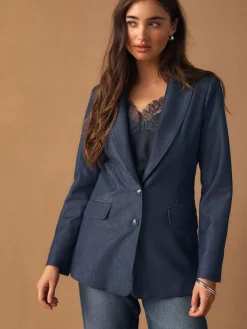 Next Navy Blue Denim Look Fitted Single Breasted Blazer^Women Blazers|Suits & Tailoring
