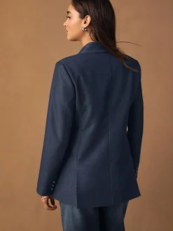 Next Navy Blue Denim Look Fitted Single Breasted Blazer^Women Blazers|Suits & Tailoring