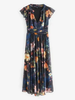 Next Pleated Mesh Print V-Neck Occasion Maxi Dress^Women Occasionwear|Occasion Dresses
