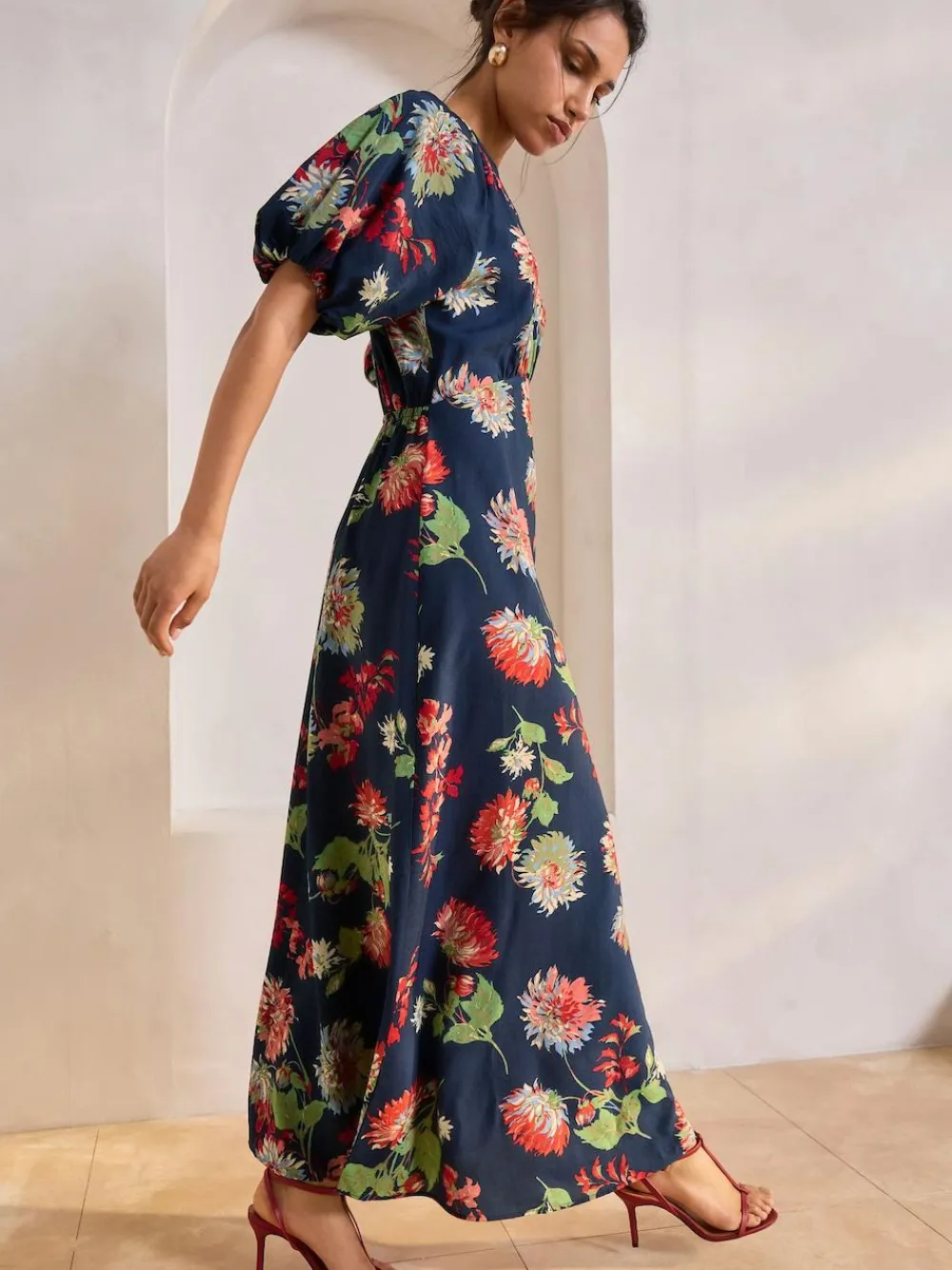 Best Next Print Puff Sleeve Midi Dress Navy Blue Floral