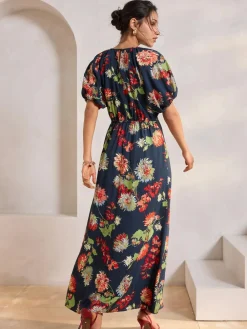 Best Next Print Puff Sleeve Midi Dress Navy Blue Floral