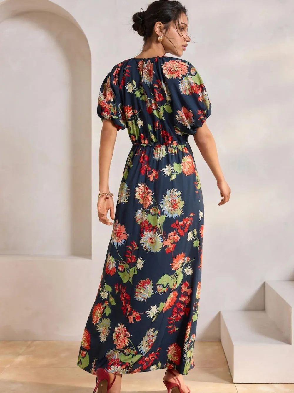 Best Next Print Puff Sleeve Midi Dress Navy Blue Floral