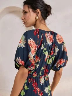 Best Next Print Puff Sleeve Midi Dress Navy Blue Floral