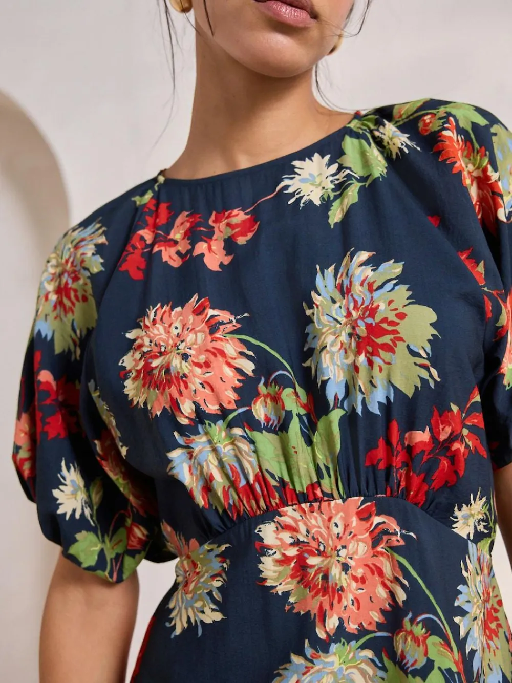 Best Next Print Puff Sleeve Midi Dress Navy Blue Floral