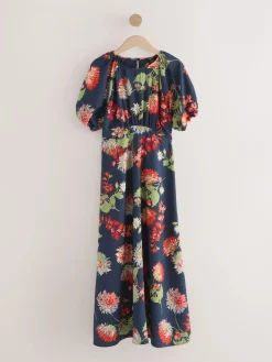 Best Next Print Puff Sleeve Midi Dress Navy Blue Floral