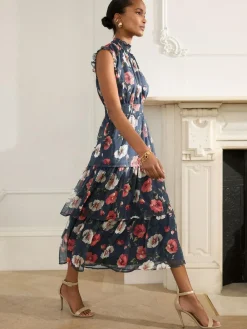 Discount Next Printed High Neck Tiered Occasion Maxi Dress Navy Blue Floral