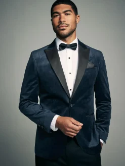 Online Next Slim Fit Patterned Velvet Blazer Navy Blue Geometric