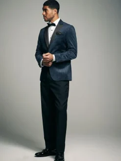 Online Next Slim Fit Patterned Velvet Blazer Navy Blue Geometric