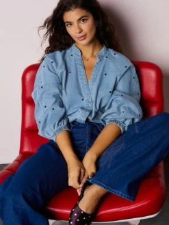 Hot Next Navy Blue Heart Heart Embroidered V-Neck Puff Sleeve Denim Blouse