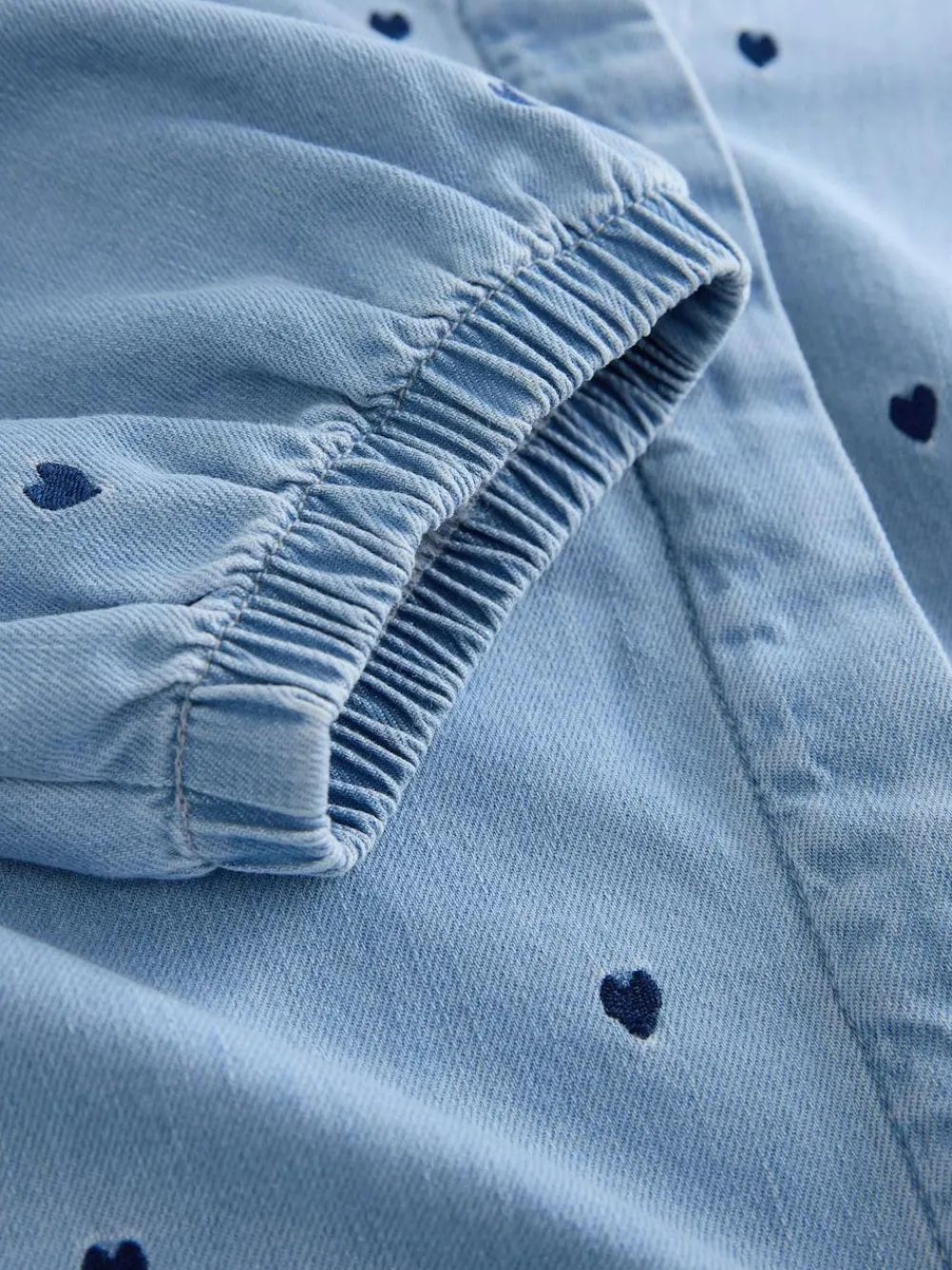 Hot Next Navy Blue Heart Heart Embroidered V-Neck Puff Sleeve Denim Blouse