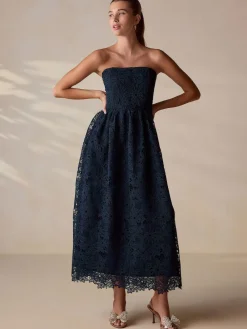 Next Navy Blue Lace Bandeau Midi Dress^Women Occasion Dresses|Midi Dresses