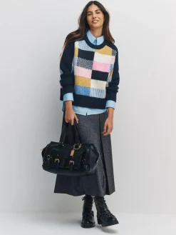 Next Navy Blue Multi Patched Crew Neck Knitted Jumper with Wool^Women Nightwear|Knitwear