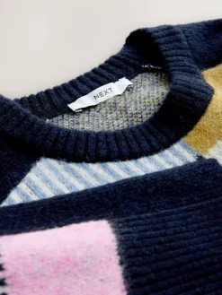 Next Navy Blue Multi Patched Crew Neck Knitted Jumper with Wool^Women Nightwear|Knitwear