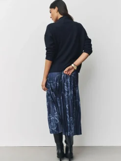 Next 2-In-1 Knitted Jumper with Pleated Midi Skirt Navy Blue Nautical Print