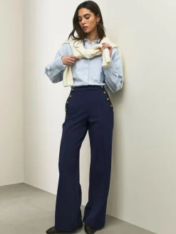 Best Next Ponte Wide Leg Trousers With Gold Button Detailing Navy Blue