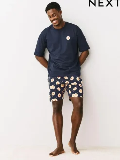 Next Navy Blue Printed Short Sleeve Jersey Pyjamas Set^ Pyjamas|Nightwear