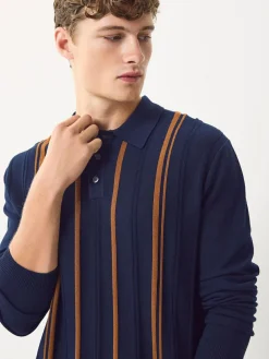 Next Regular Fit Cotton Rich Long Sleeve Stripe Knit Polo Shirt^ Knitwear|Knitwear