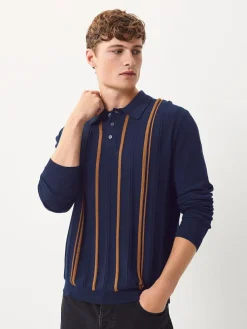 Next Regular Fit Cotton Rich Long Sleeve Stripe Knit Polo Shirt^ Knitwear|Knitwear