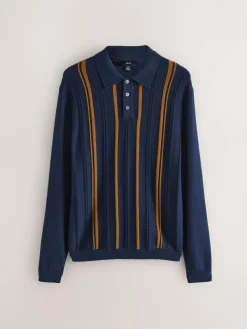Next Regular Fit Cotton Rich Long Sleeve Stripe Knit Polo Shirt^ Knitwear|Knitwear