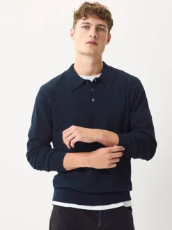 Next Navy Blue Regular Fit Cotton Rich Long Sleeve Knitted Polo Shirt^ Tops & T-Shirts|Knitwear