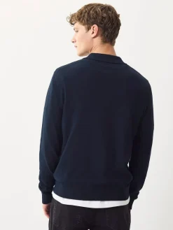 Next Navy Blue Regular Fit Cotton Rich Long Sleeve Knitted Polo Shirt^ Tops & T-Shirts|Knitwear