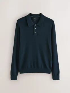 Next Navy Blue Regular Fit Cotton Rich Long Sleeve Knitted Polo Shirt^ Tops & T-Shirts|Knitwear