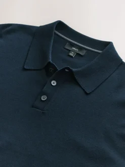 Next Navy Blue Regular Fit Cotton Rich Long Sleeve Knitted Polo Shirt^ Tops & T-Shirts|Knitwear