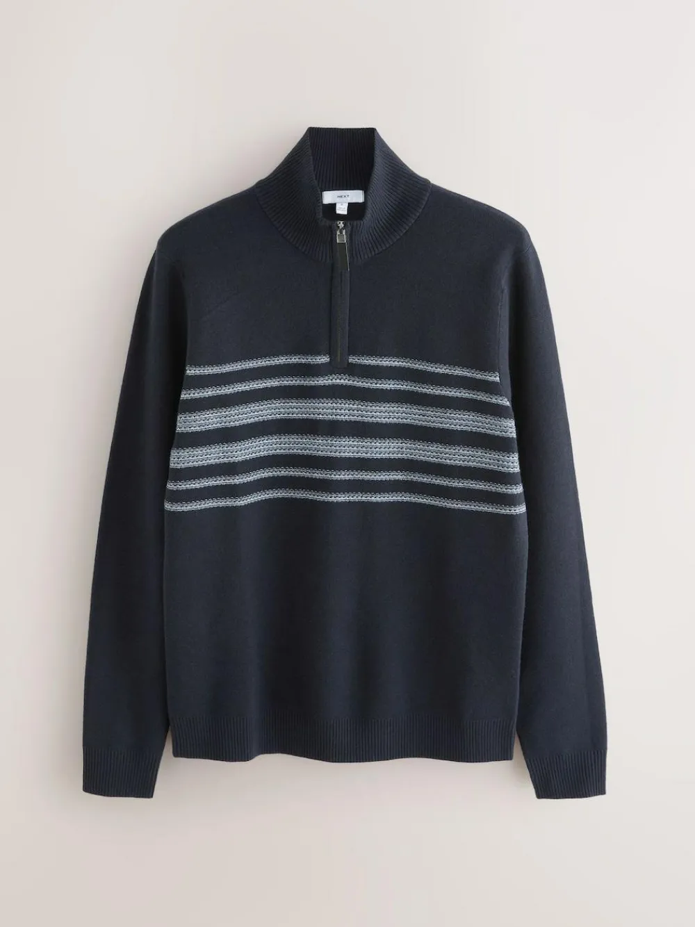 Outlet Next Navy Blue Regular Fit Essential Chest Block Stripe Quarter Zip Neck Jumper