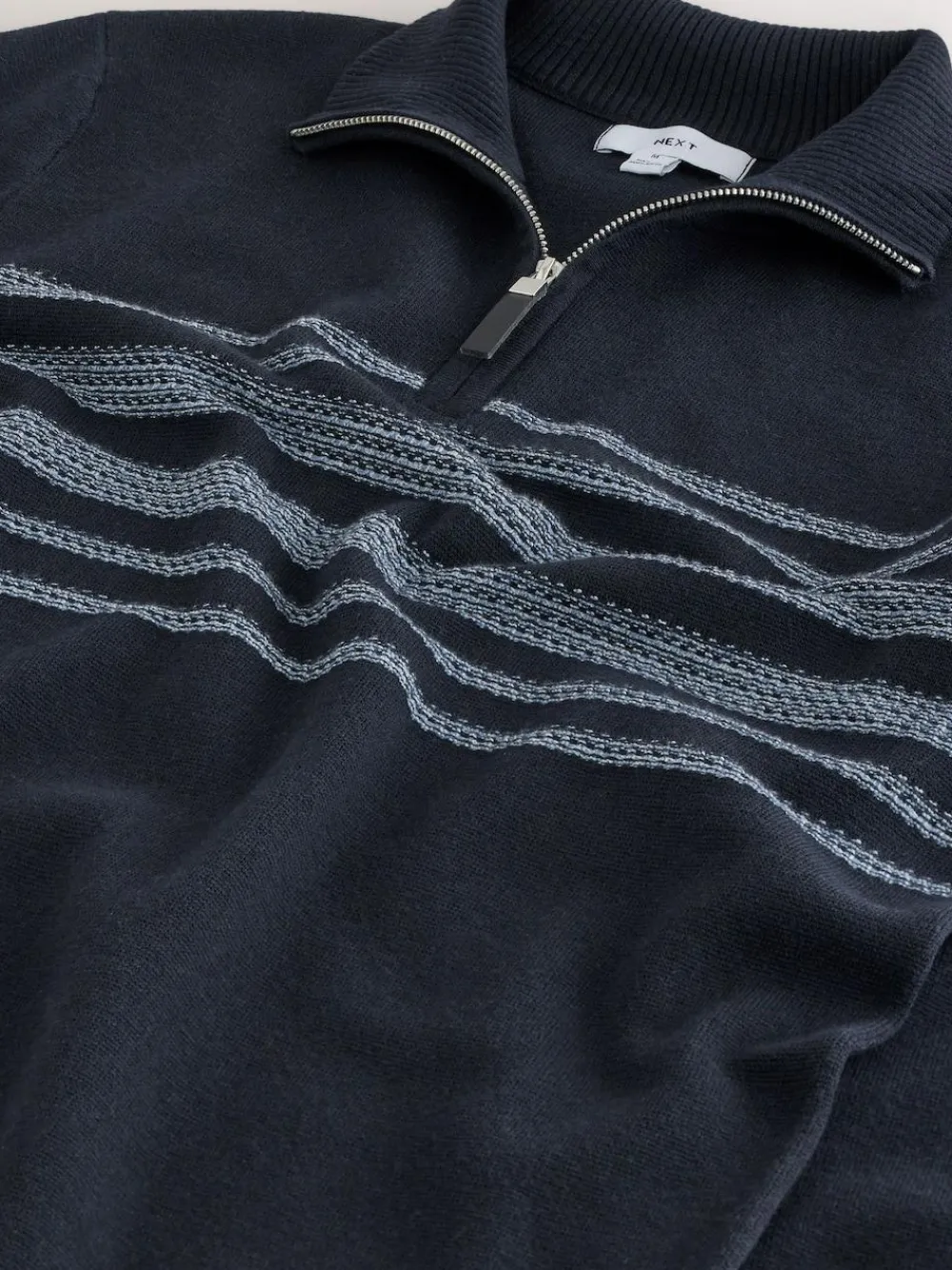 Outlet Next Navy Blue Regular Fit Essential Chest Block Stripe Quarter Zip Neck Jumper