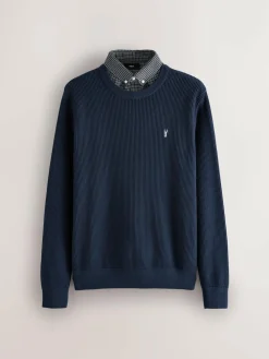 Outlet Next Regular Fit Rib Texture Mock Shirt Jumper Navy Blue