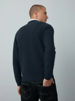 Hot Next Regular Fit Textured Oxford Mock Shirt Jumper Navy Blue