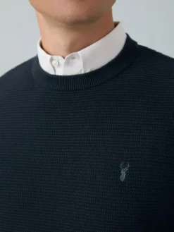 Hot Next Regular Fit Textured Oxford Mock Shirt Jumper Navy Blue