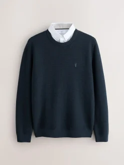 Hot Next Regular Fit Textured Oxford Mock Shirt Jumper Navy Blue