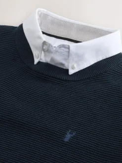 Hot Next Regular Fit Textured Oxford Mock Shirt Jumper Navy Blue