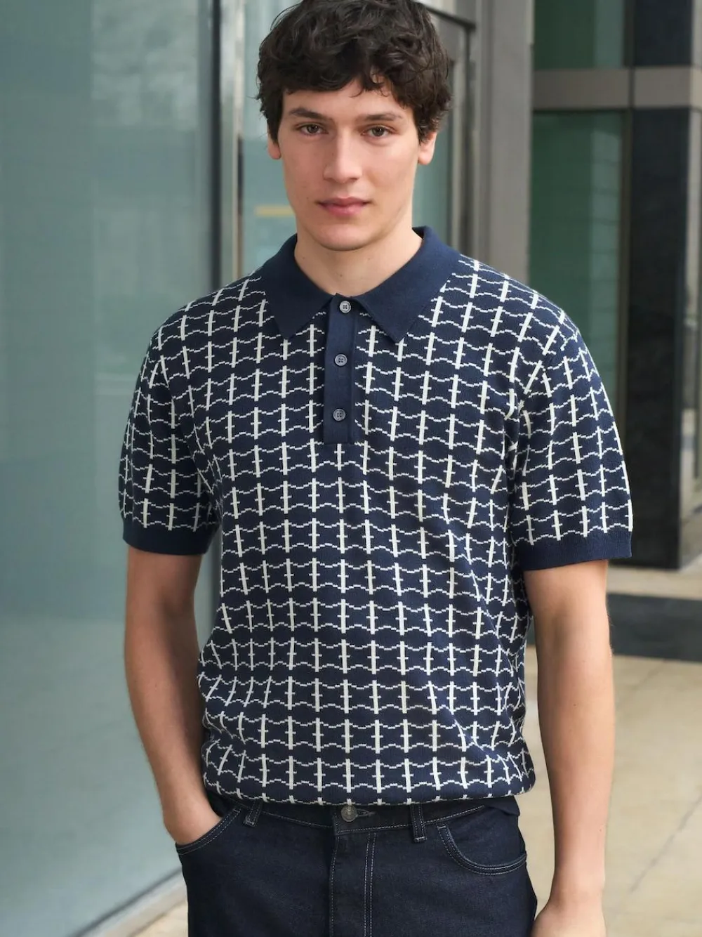 Sale Next Navy Blue Relaxed Fit Geo Pattern Short Sleeve Knitted Polo Shirt