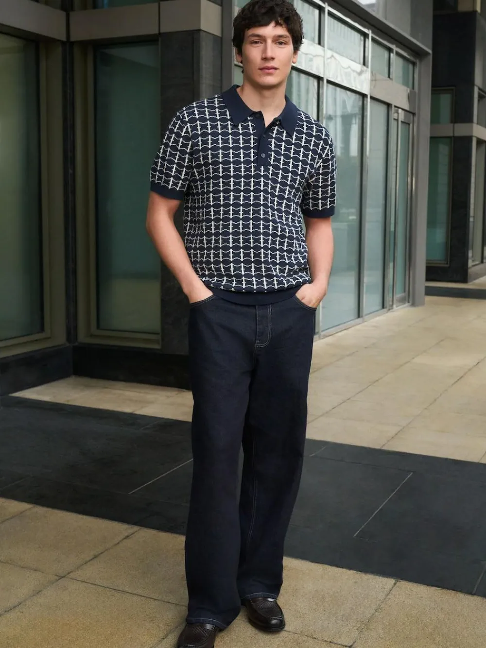 Sale Next Navy Blue Relaxed Fit Geo Pattern Short Sleeve Knitted Polo Shirt