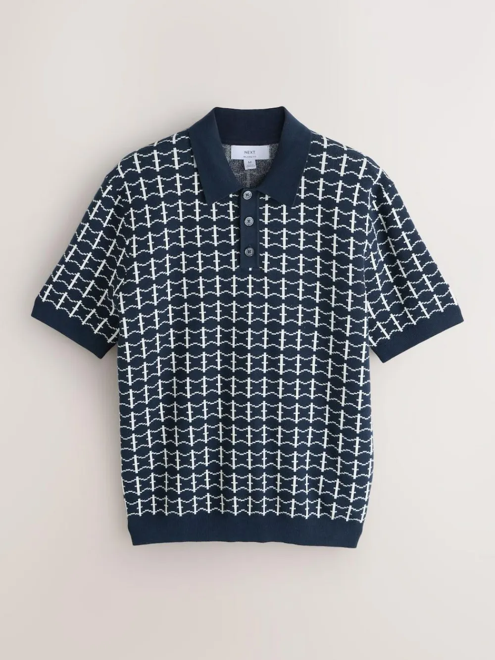 Sale Next Navy Blue Relaxed Fit Geo Pattern Short Sleeve Knitted Polo Shirt