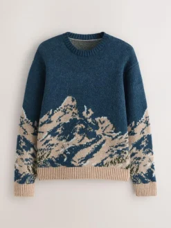 Next Navy Blue Relaxed Fit Knitted Mountain Landscape Crew Neck Jumper^ Nightwear|Knitwear
