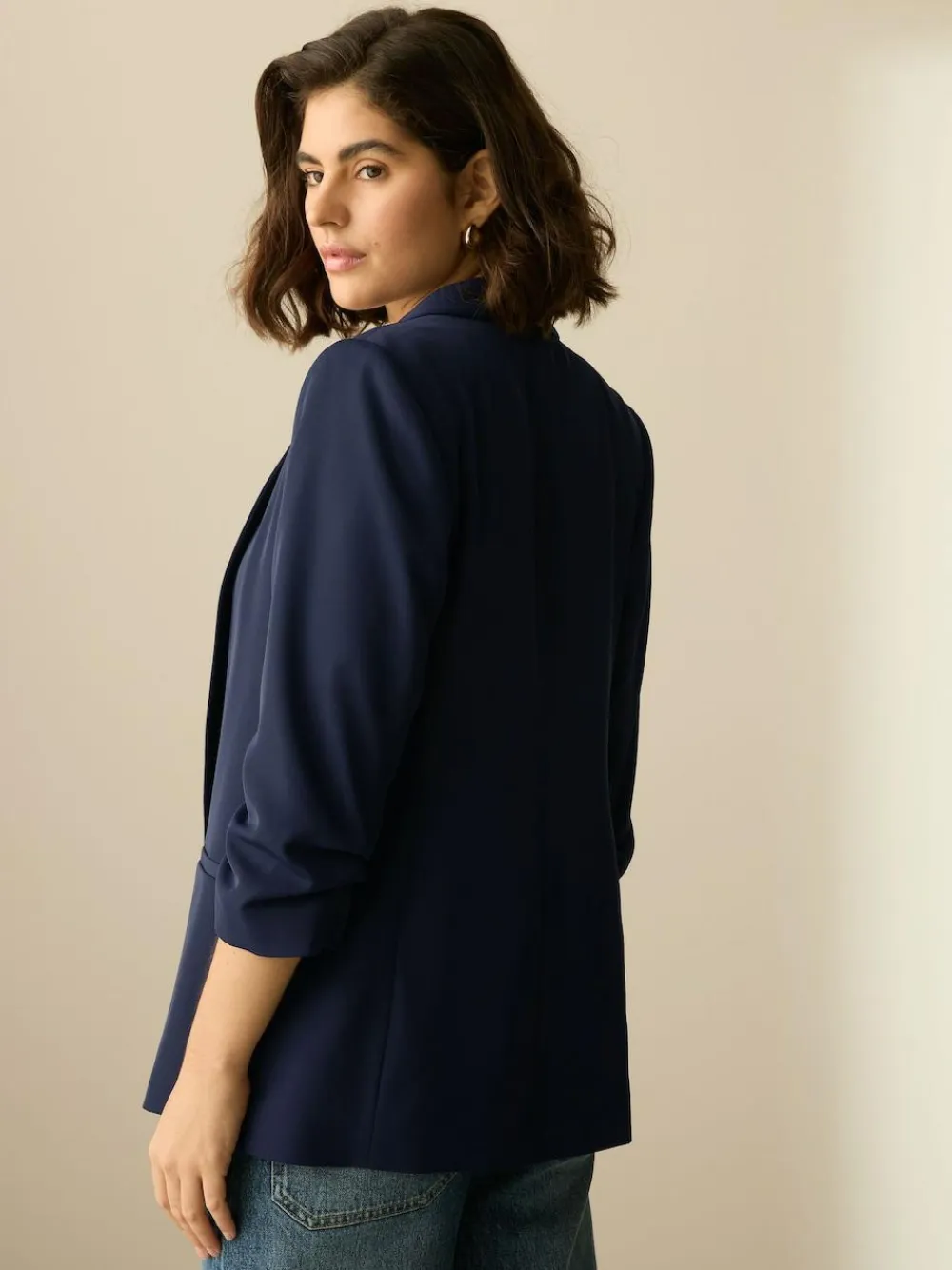 Next Navy Blue Relaxed Ruched Sleeve Blazer^Women Blazers|Suits & Tailoring
