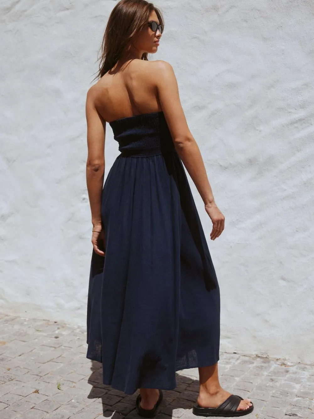 Next Ruched Bandeau Midi Dress with Linen^Women Midi Dresses