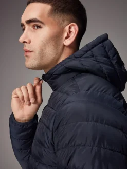 Discount Next Shower Resistant Lightweight Hooded Puffer Coat Jacket Navy Blue
