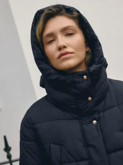 Clearance Next Navy Blue Shower Resistant Padded Hooded Longline Coat