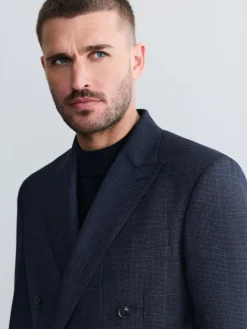 New Next Navy Blue Signature Marzotto 100% Italian Wool Double Breasted Check Suit Jacket