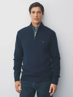 Online Next Stag Logo N.Premium Regular Fit 100% Cotton Premium Quarter Zip Jumper Navy Blue