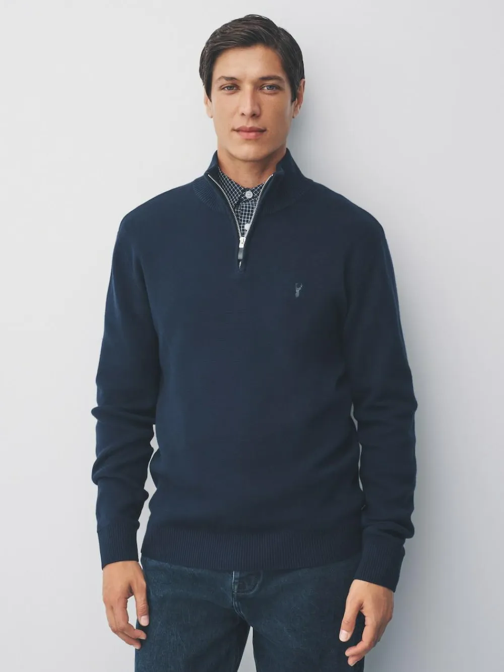 Online Next Stag Logo N.Premium Regular Fit 100% Cotton Premium Quarter Zip Jumper Navy Blue