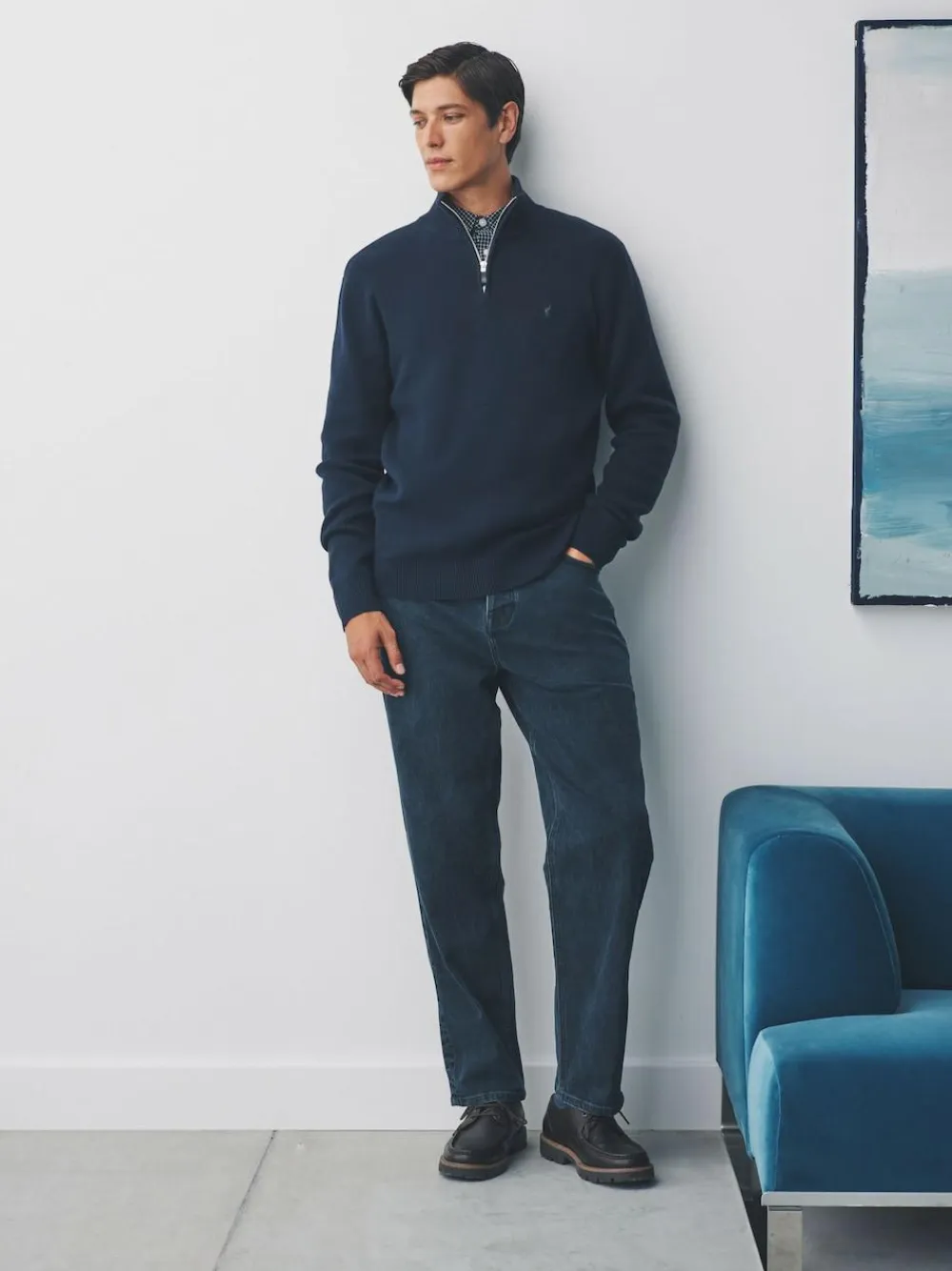 Online Next Stag Logo N.Premium Regular Fit 100% Cotton Premium Quarter Zip Jumper Navy Blue