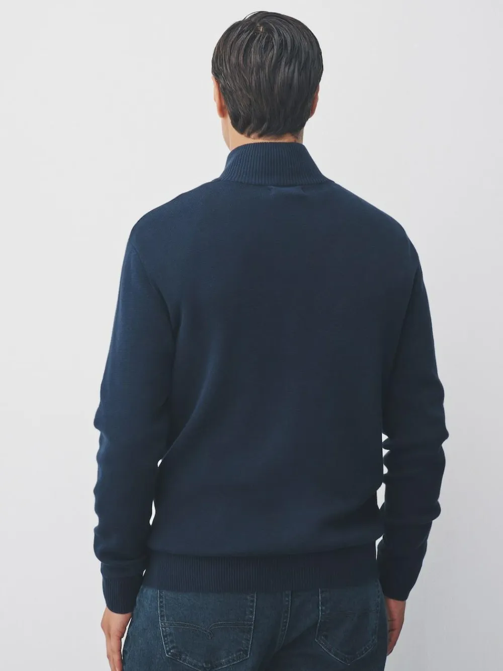 Online Next Stag Logo N.Premium Regular Fit 100% Cotton Premium Quarter Zip Jumper Navy Blue