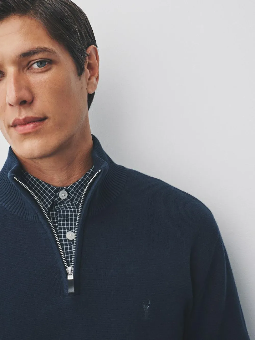 Online Next Stag Logo N.Premium Regular Fit 100% Cotton Premium Quarter Zip Jumper Navy Blue