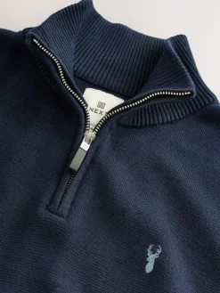 Online Next Stag Logo N.Premium Regular Fit 100% Cotton Premium Quarter Zip Jumper Navy Blue