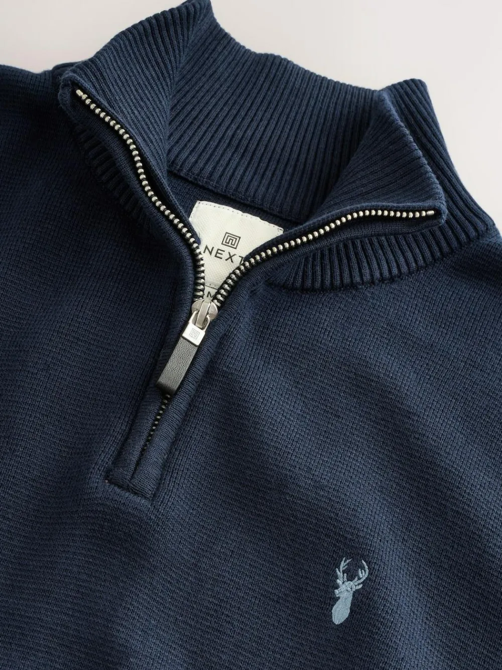 Online Next Stag Logo N.Premium Regular Fit 100% Cotton Premium Quarter Zip Jumper Navy Blue